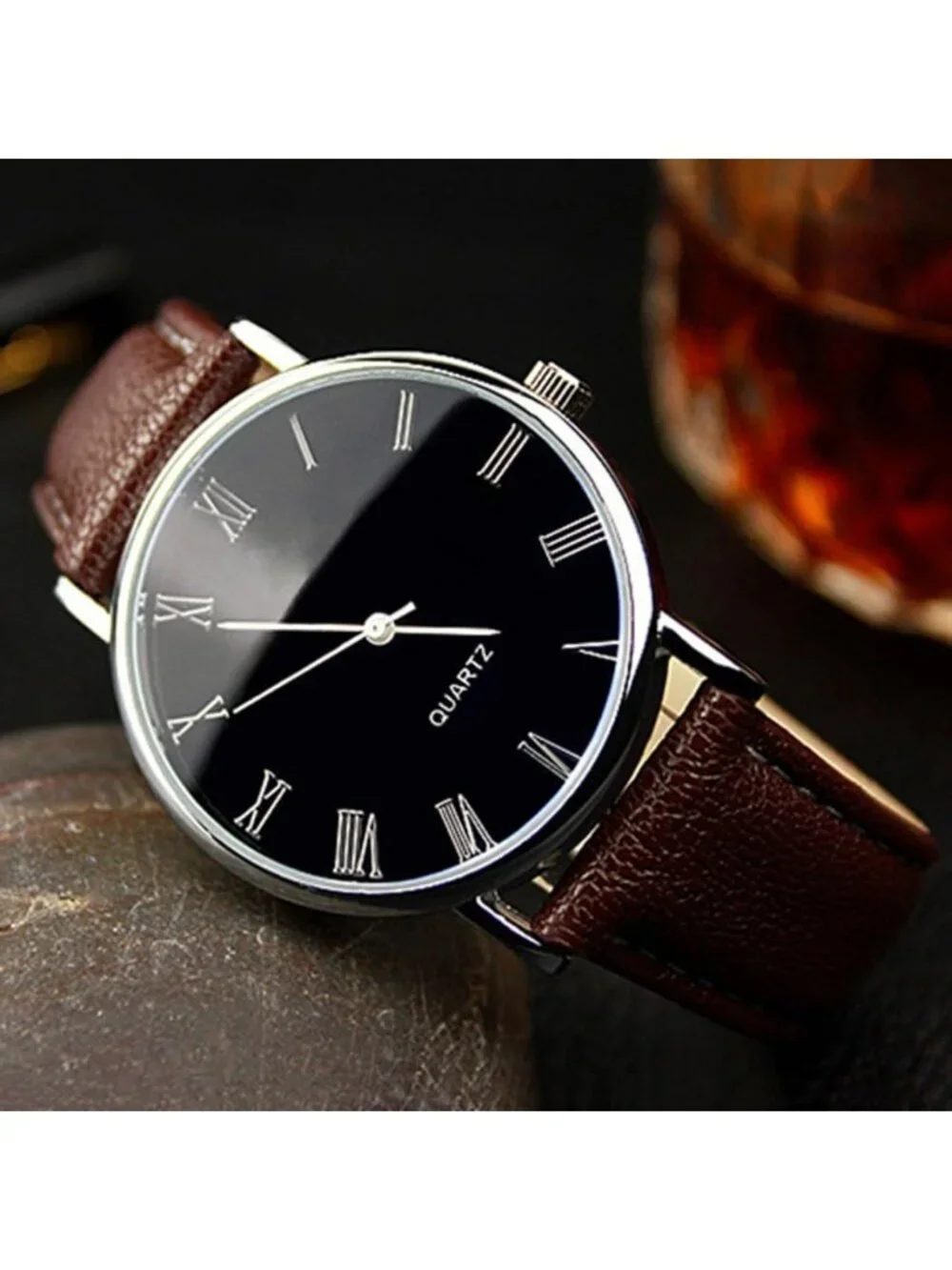 Men's Brown Analog Quartz Simple Solid Leather Band Casual Classic Wrist Watch